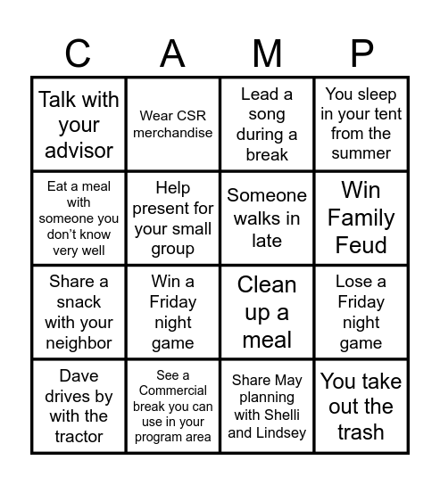 CSR Bingo: Leadership Retreat Edition Bingo Card