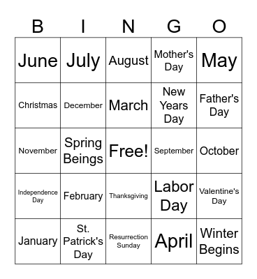 Holidays and Months Bingo Card