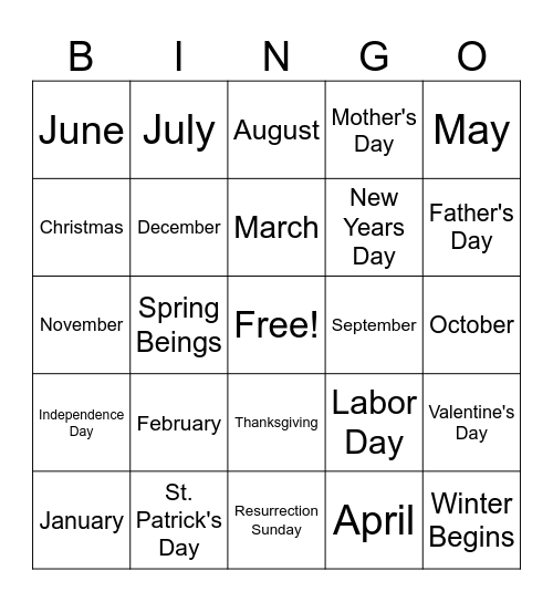 Holidays and Months Bingo Card