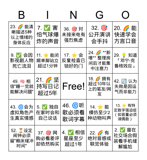 心理 Bingo 游戏 Bingo Card