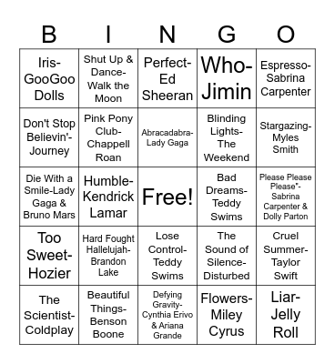March Musical Bingo Card
