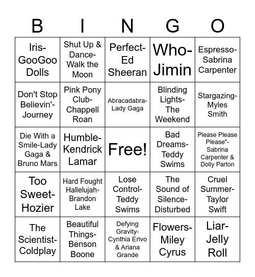March Musical Bingo Card