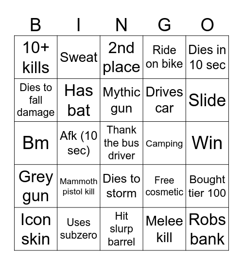 Fortnite Bingo Card