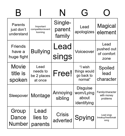 Disney Channel Original Movie Bingo Card