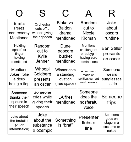 2025 Oscars Bingo Card