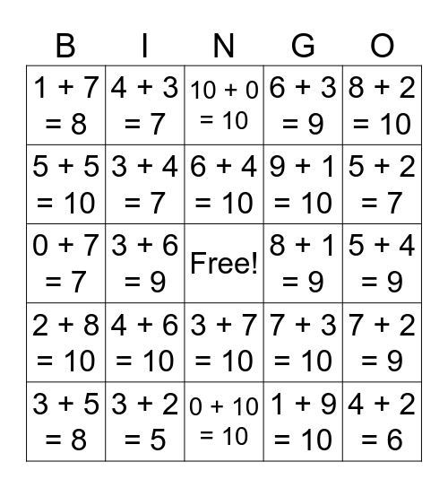 4 in a Row Commutative Property Bingo Card