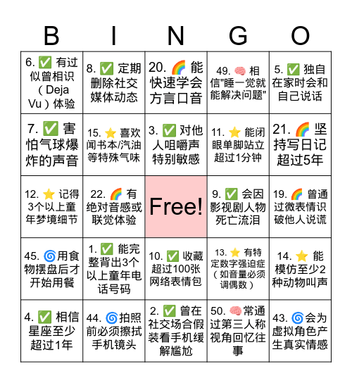 心理 Bingo 游戏 Bingo Card