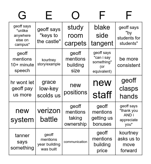 STAFF MEETING BINGO Card