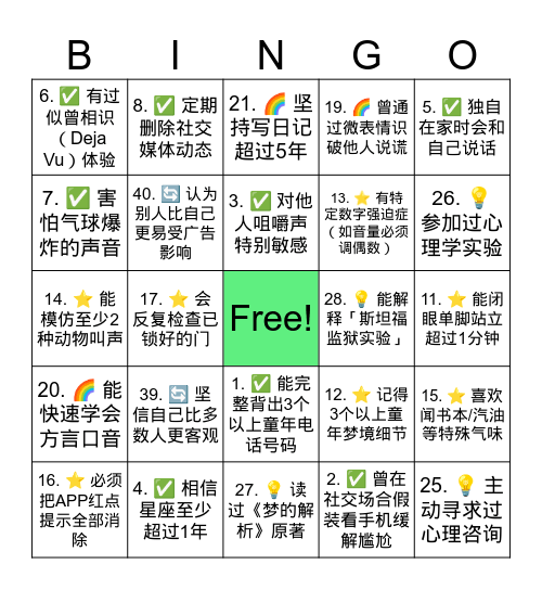 心理 Bingo 游戏 Bingo Card