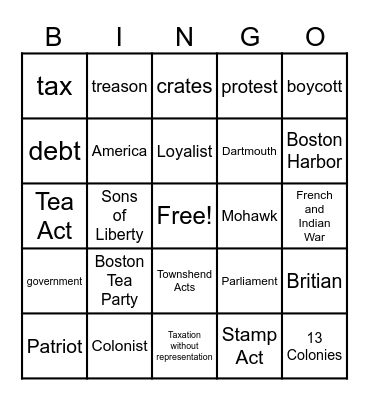Boston Tea Party Bingo Card
