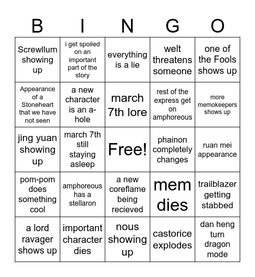 HSR 3.1 BINGO Card