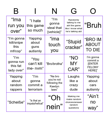 Kaedyn GTA bingo Card