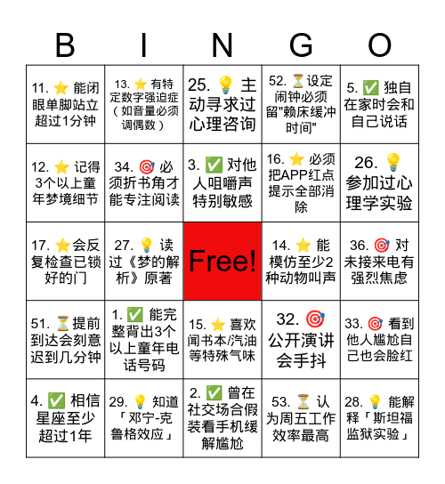心理 Bingo 游戏 Bingo Card