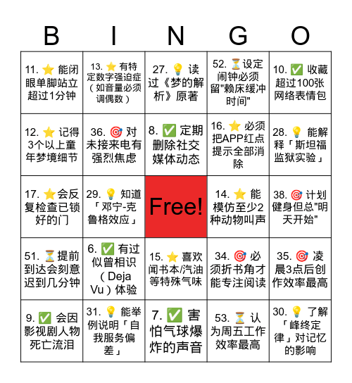 心理 Bingo 游戏 Bingo Card