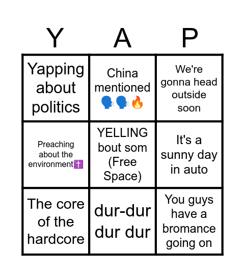 Dove's Daily YAP Sesh Bingo Card