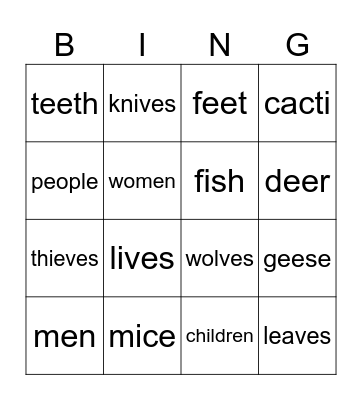 Irregular Plural Bingo Card