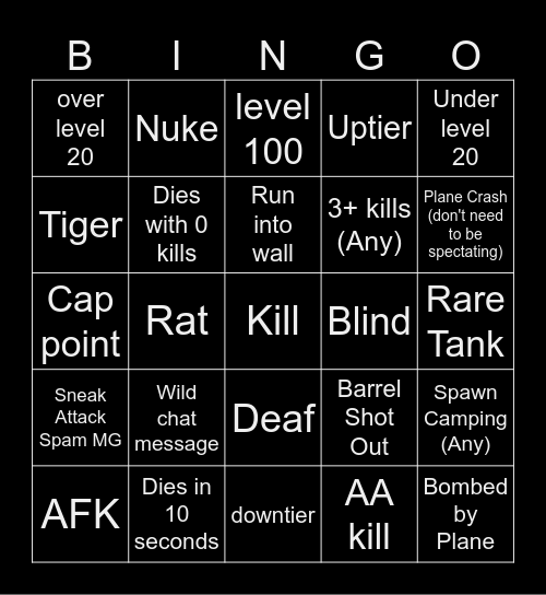 Warthunder BNGO Bingo Card