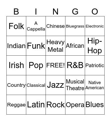 Musical Genre Bingo! Bingo Card