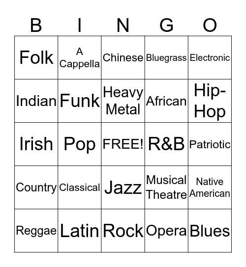 Musical Genre Bingo! Bingo Card