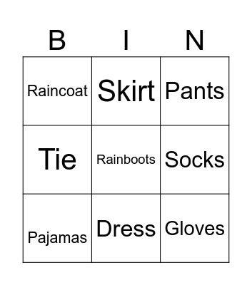 Clothes Bingo Card