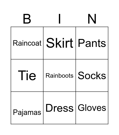 Clothes Bingo Card