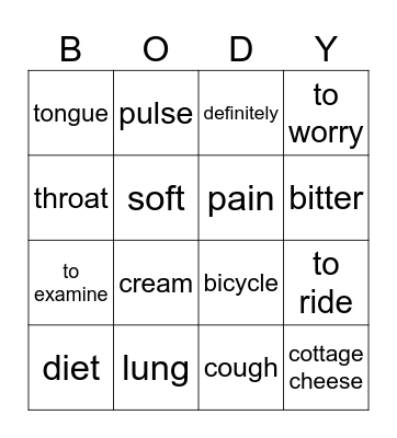 Health and Body Care Bingo Card