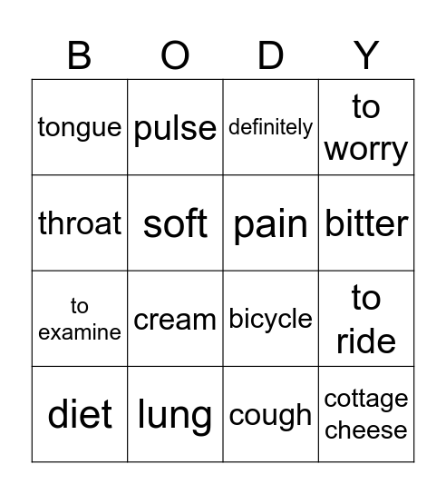 Health and Body Care Bingo Card