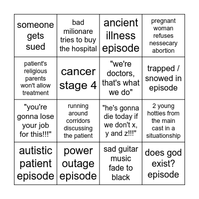 generic american medical drama show bingo Card