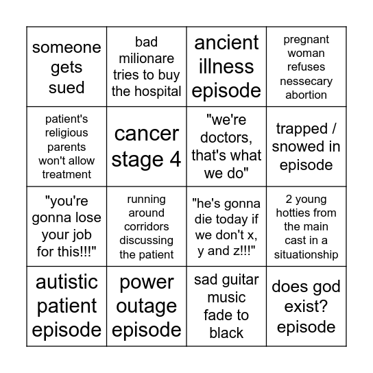 generic american medical drama show bingo Card