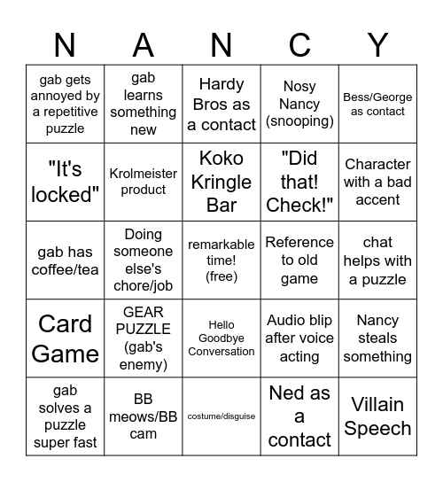 gab plays nancy drew! Bingo Card