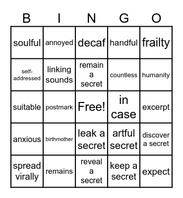 Unit 1F Vocabulary Bingo Card