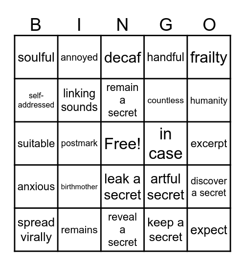 Unit 1F Vocabulary Bingo Card