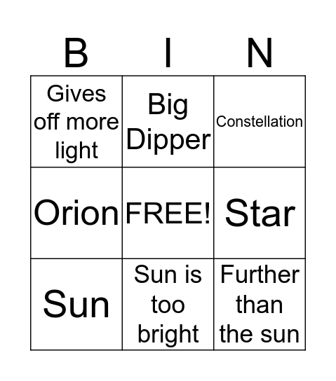 Stars ingo Bingo Card