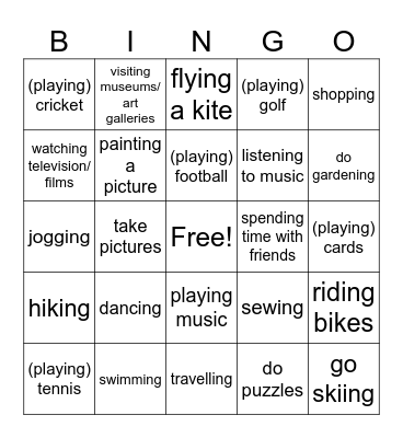 Leisure Activities Bingo Card