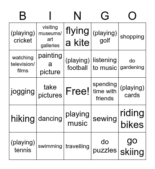 Leisure Activities Bingo Card