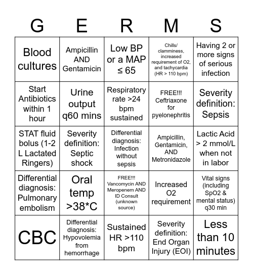 SEPSIS  BINGO Card