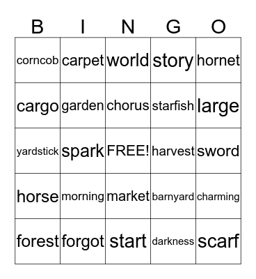 Challenge Words:  'o'  'or'  'a'  'ar' Bingo Card