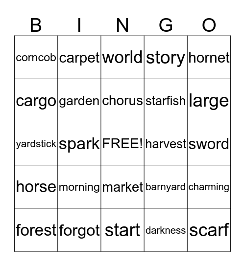 Challenge Words:  'o'  'or'  'a'  'ar' Bingo Card