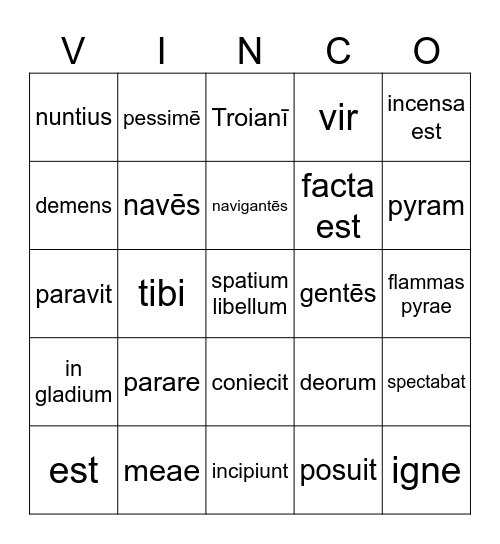 Aeneid 7: Dido Infelix Bingo Card
