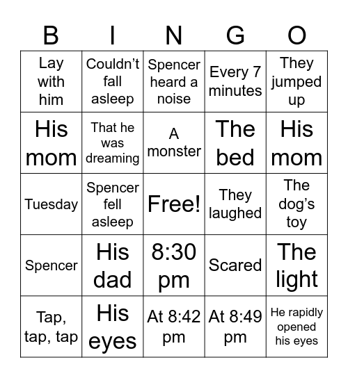 What’s Under the Bed? Bingo Card