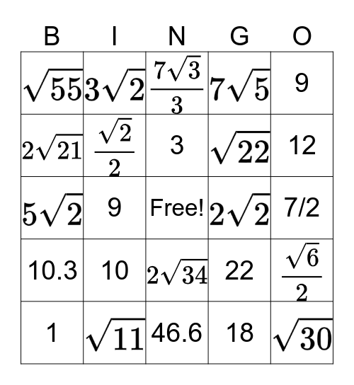 Pyth. Theorem/Special Right Triangles Bingo Card