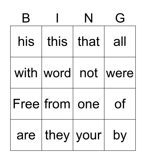 Sight Words Bingo Card