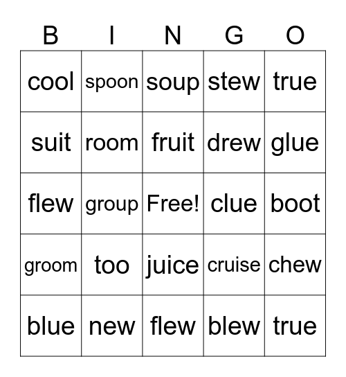 Vowel Team BINGO (oo, ue, ew, ui) Bingo Card