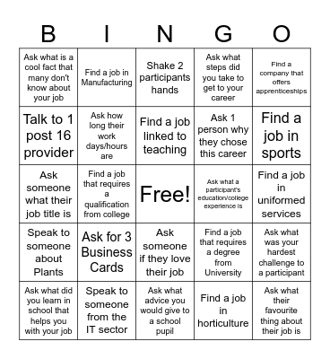 Careers Fair BINGO Card