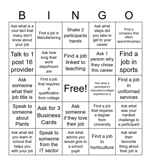 Careers Fair BINGO Card