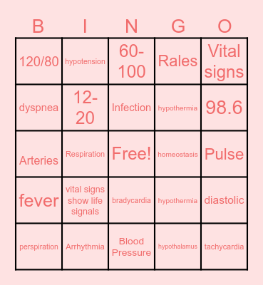 Vital Signs Bingo Card