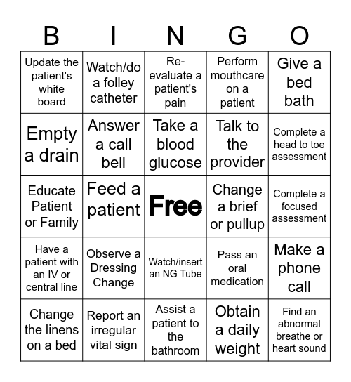 Clinical Bingo Card