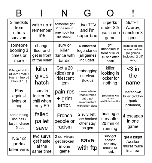 DBD Bingo (5 games) Bingo Card