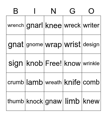 kn, wr, gn, mb silent letters Bingo Card
