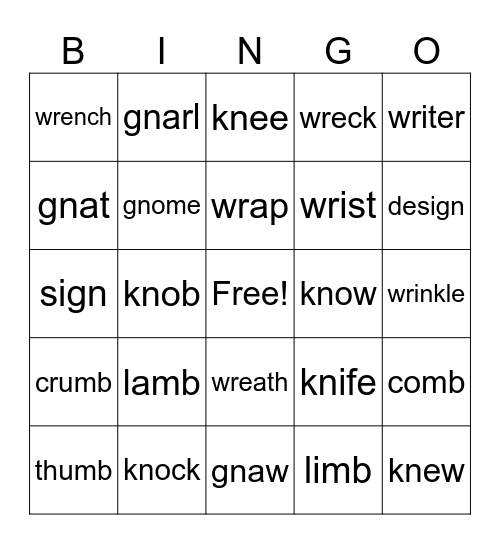 kn, wr, gn, mb silent letters Bingo Card